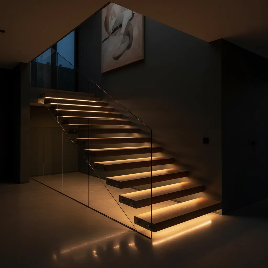Escalera interior con iluminación LED integrada en los peldaños