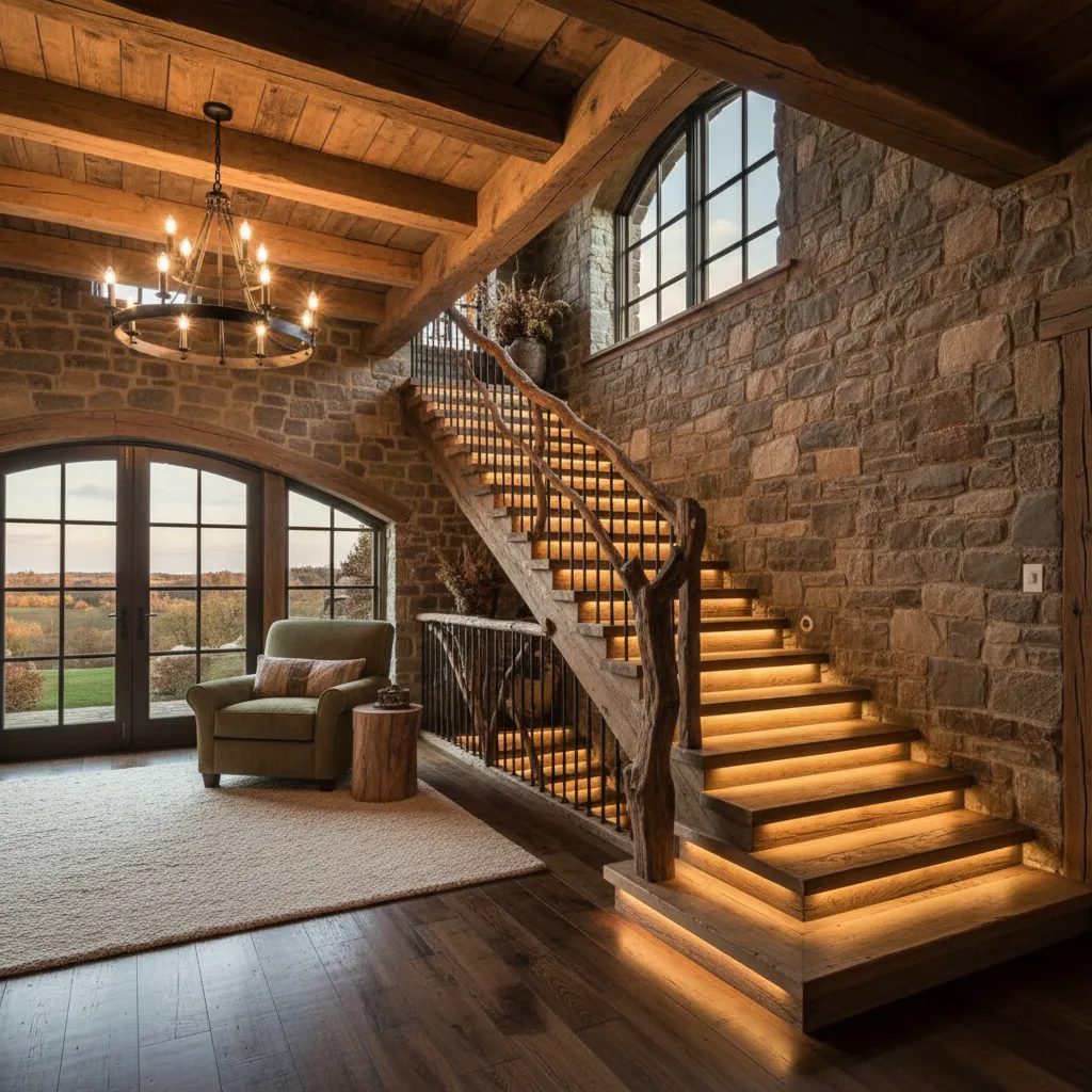 Iluminación cálida en una escalera rústica de madera