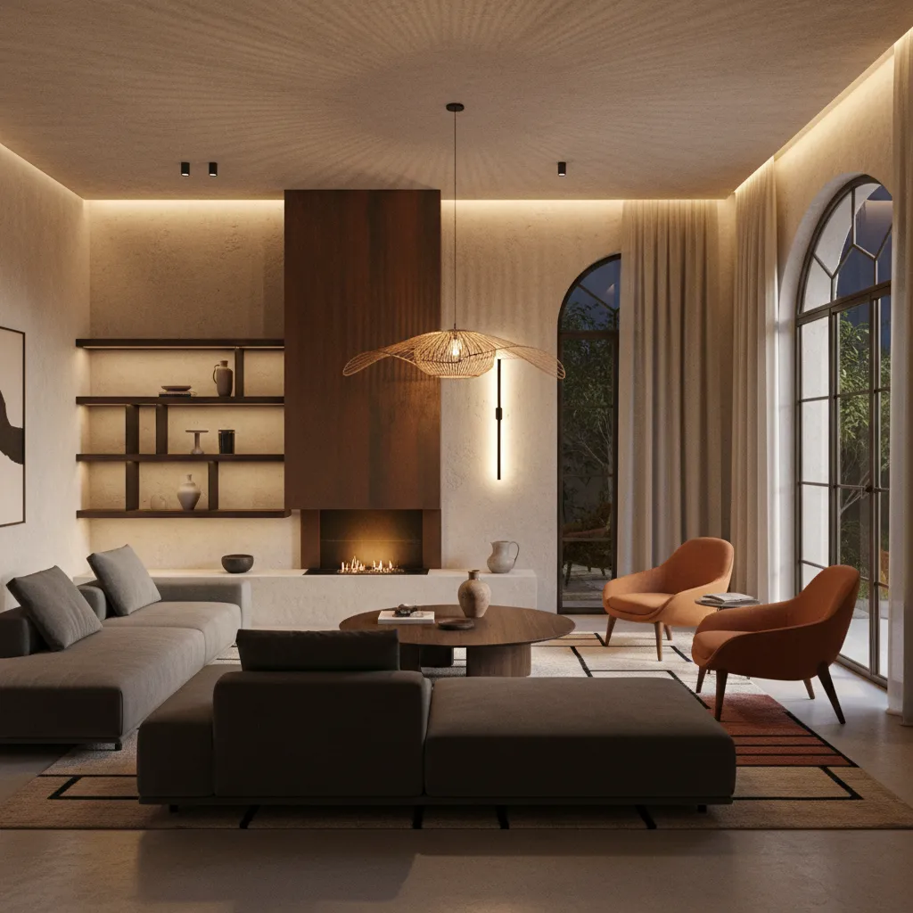 Interior con iluminación arquitectónica y ambiente escenográfico