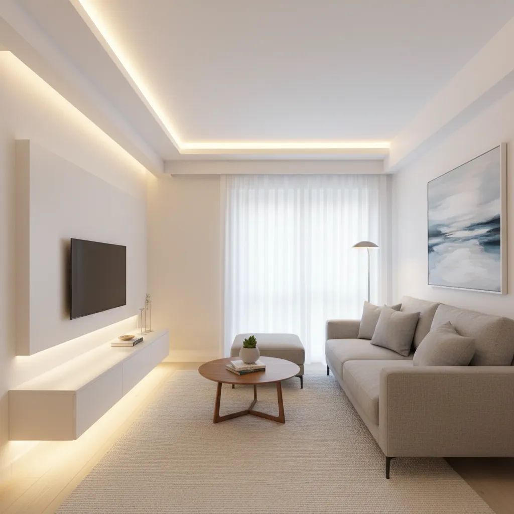 Pequeño salón con iluminación indirecta que amplía visualmente el espacio