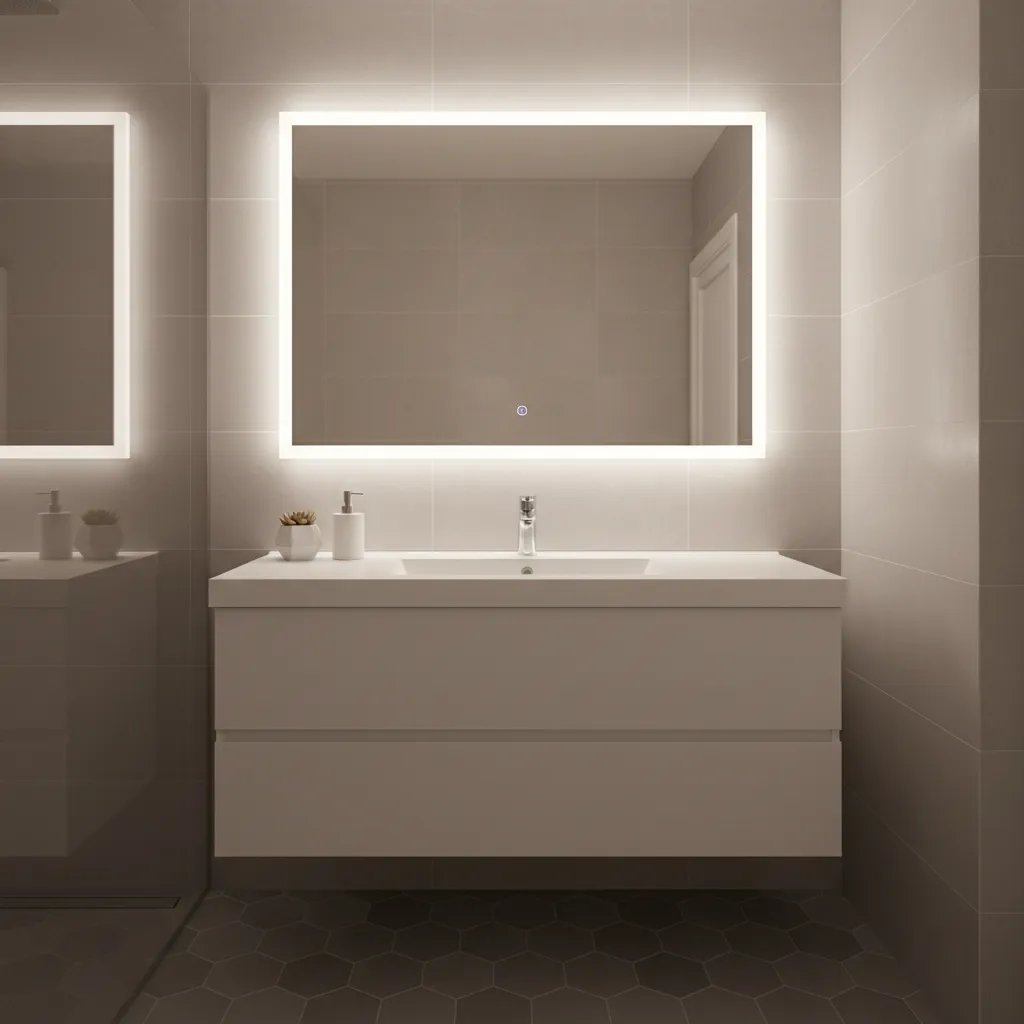 Espejo con iluminación integrada en baño pequeño