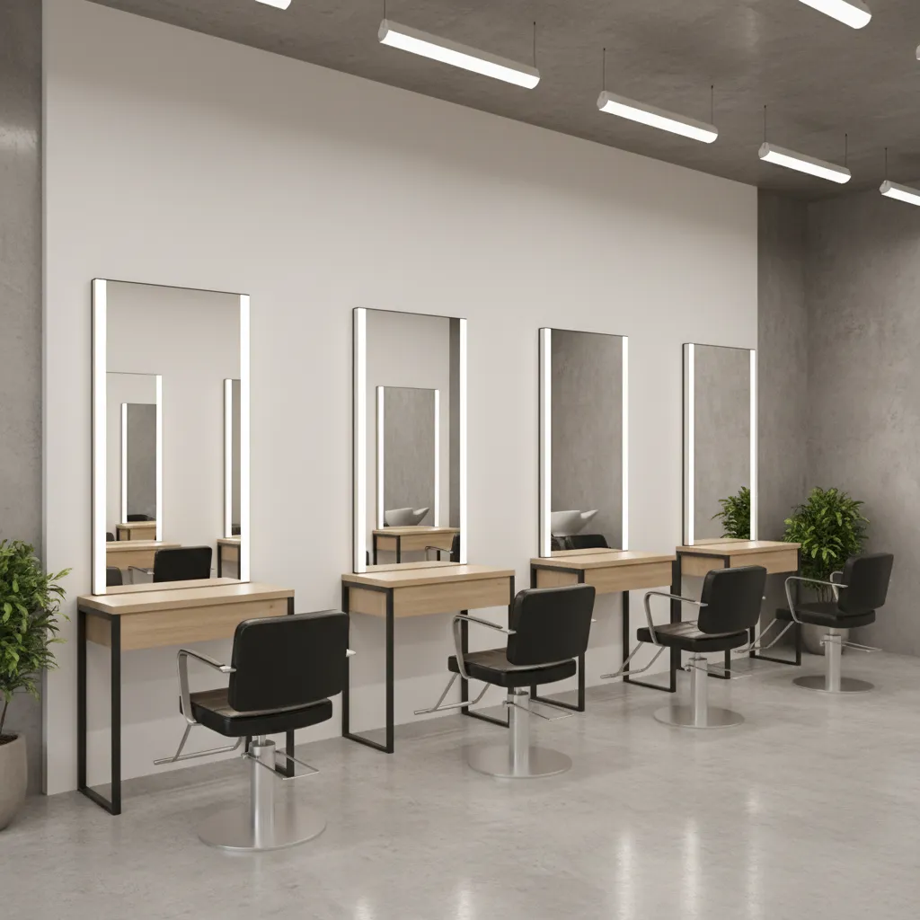 Modern hair salon interior with wooden tables black chairs mirrors with lights and grey walls