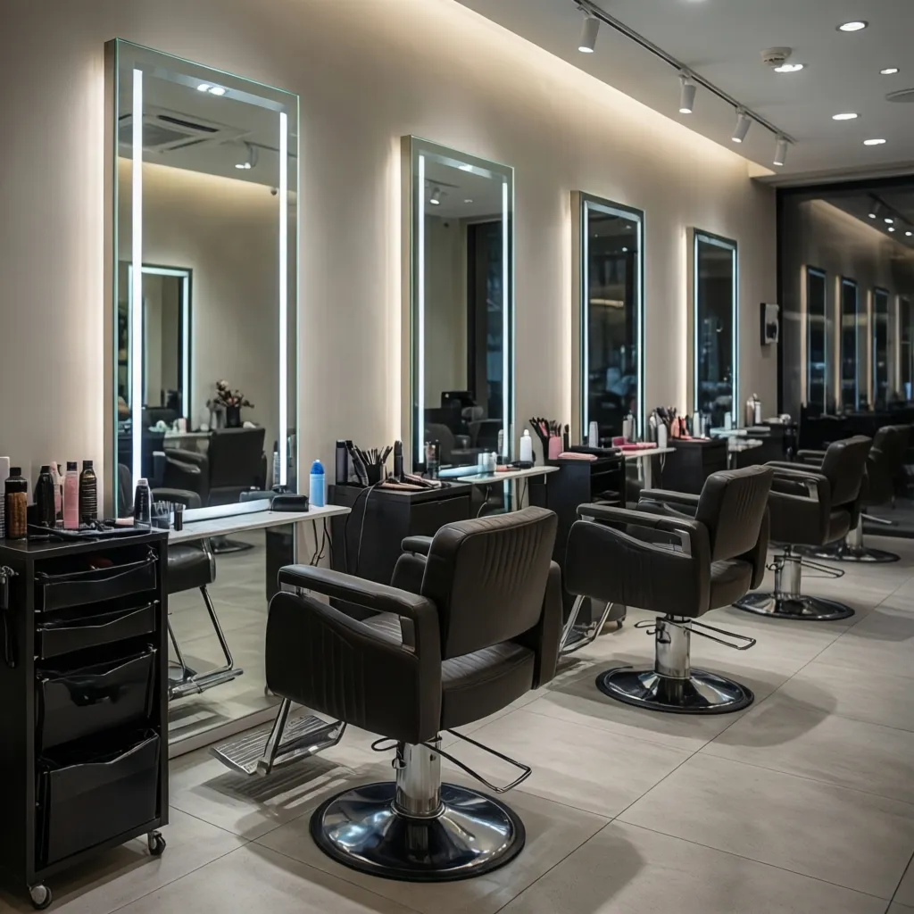 Espejos con iluminación frontal en una peluquería profesional