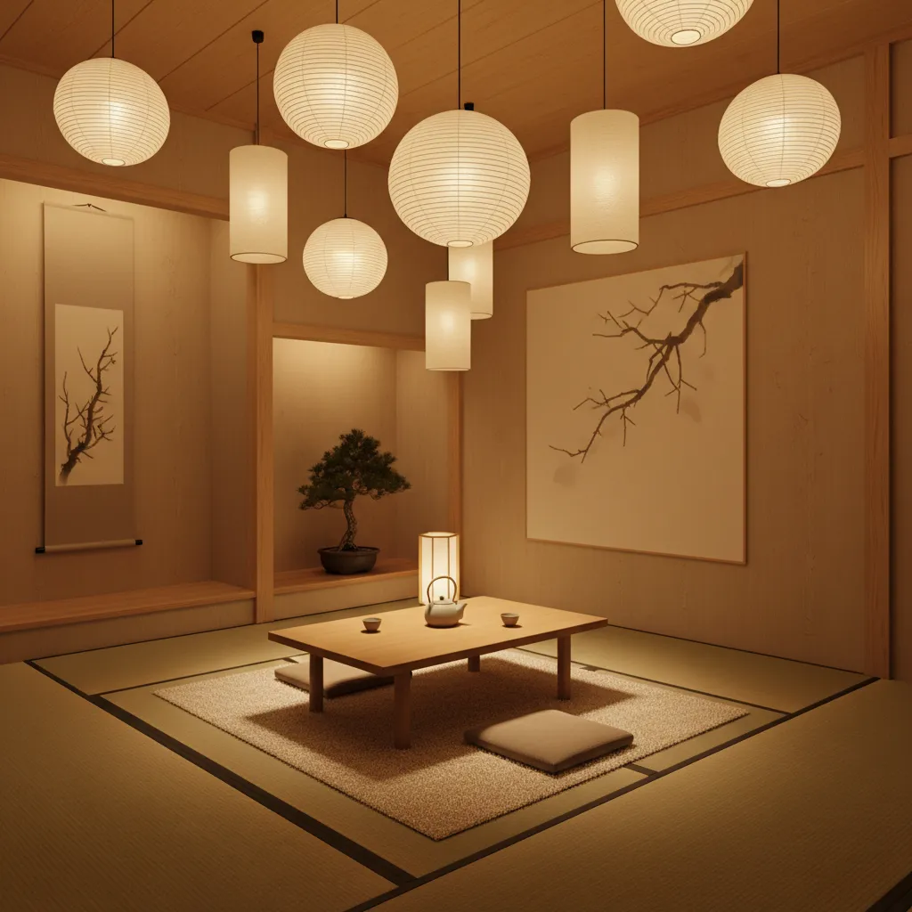 Iluminación suave con lámparas de papel en interior oriental