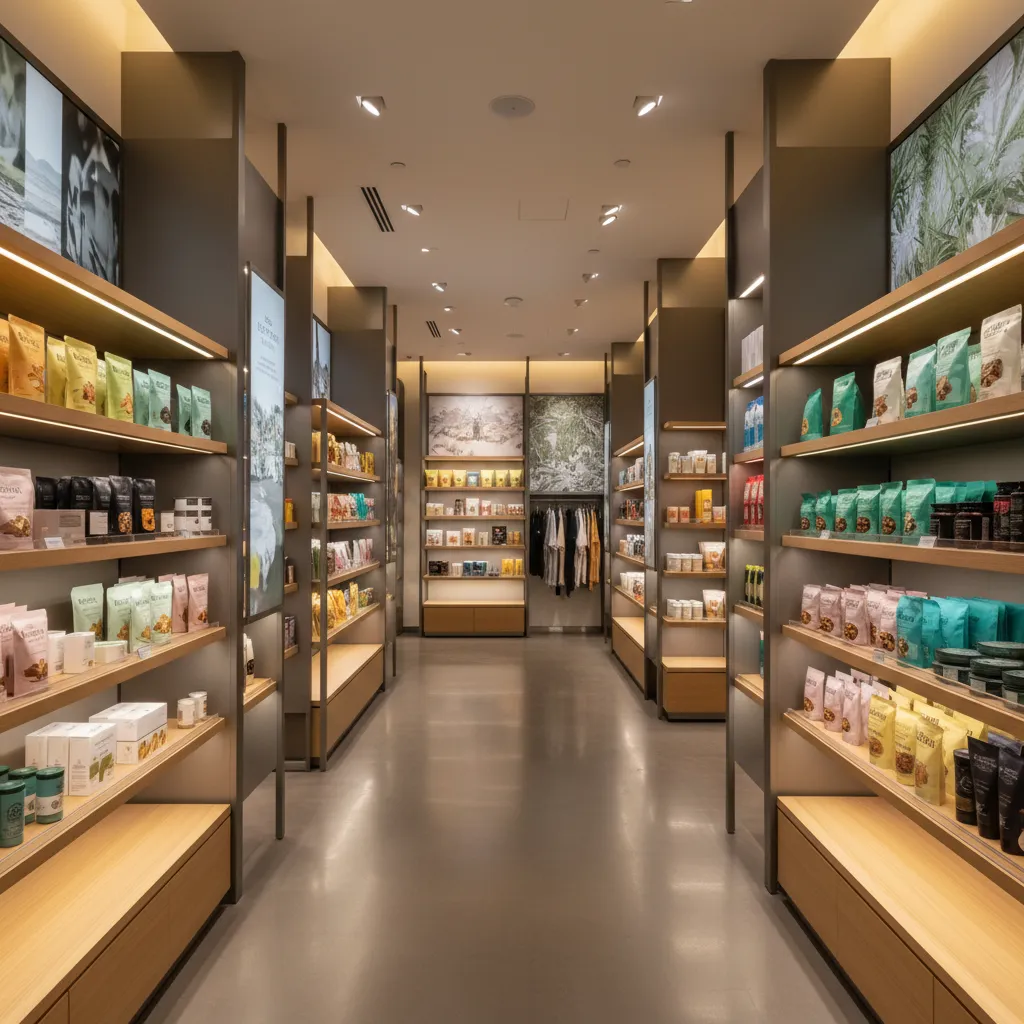 Modern shop aisle with wooden shelves filled with food products and bright recessed ceiling lights