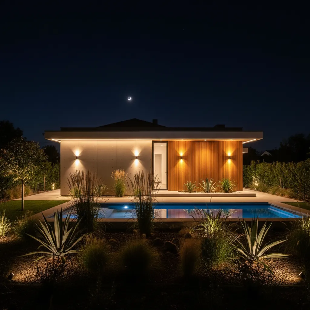 Modern small house at night with swimming pool warm wall lights wood paneling and plants