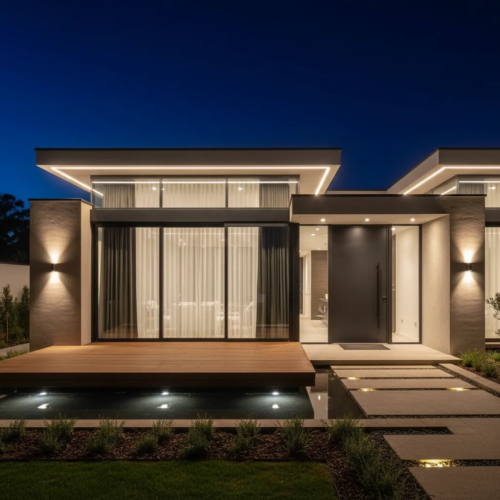 Fachada de casa iluminada de noche con luces arquitectónicas