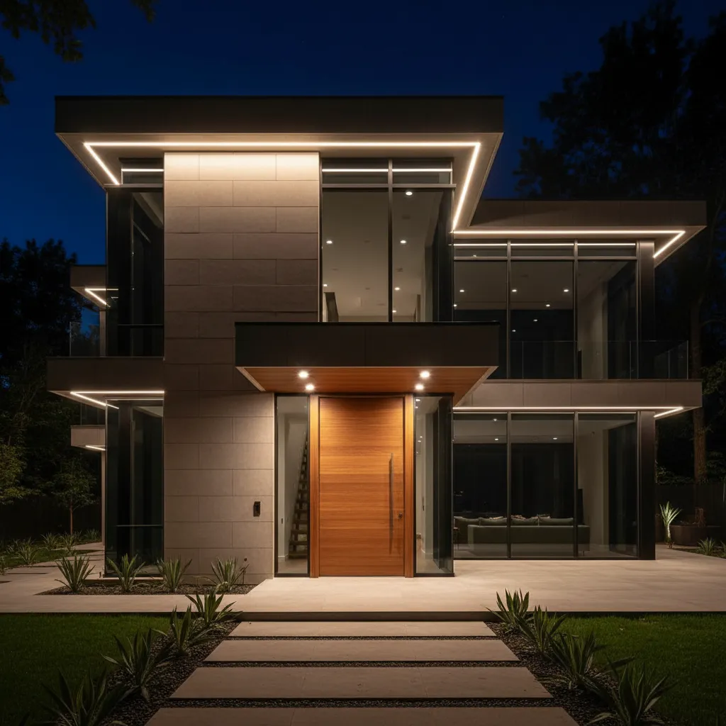 Casa con iluminación arquitectónica nocturna resaltando la fachada