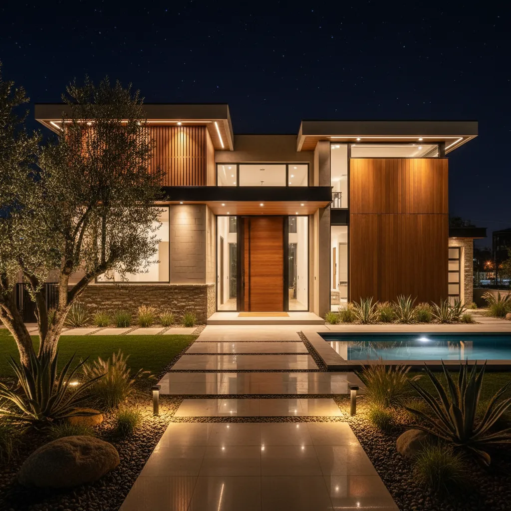 Fachada de casa moderna iluminada por la noche con luces arquitectónicas