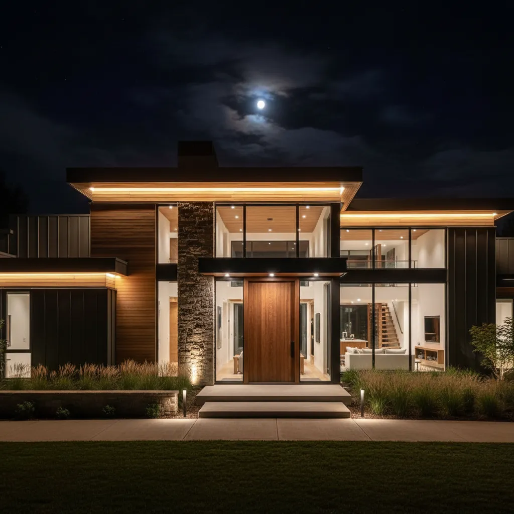 Iluminación arquitectónica destacando fachada moderna de casa