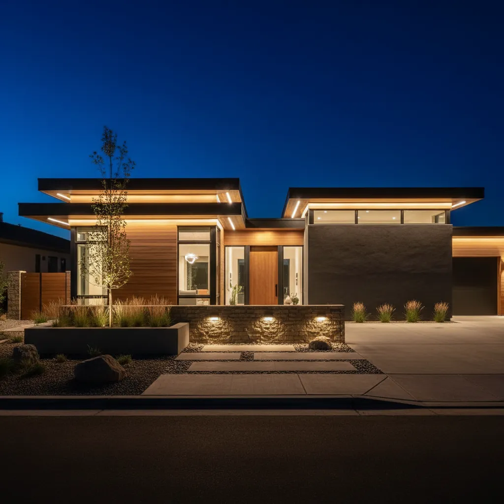 Modern house exterior with warm lighting wood panels black walls stone path and dark sky