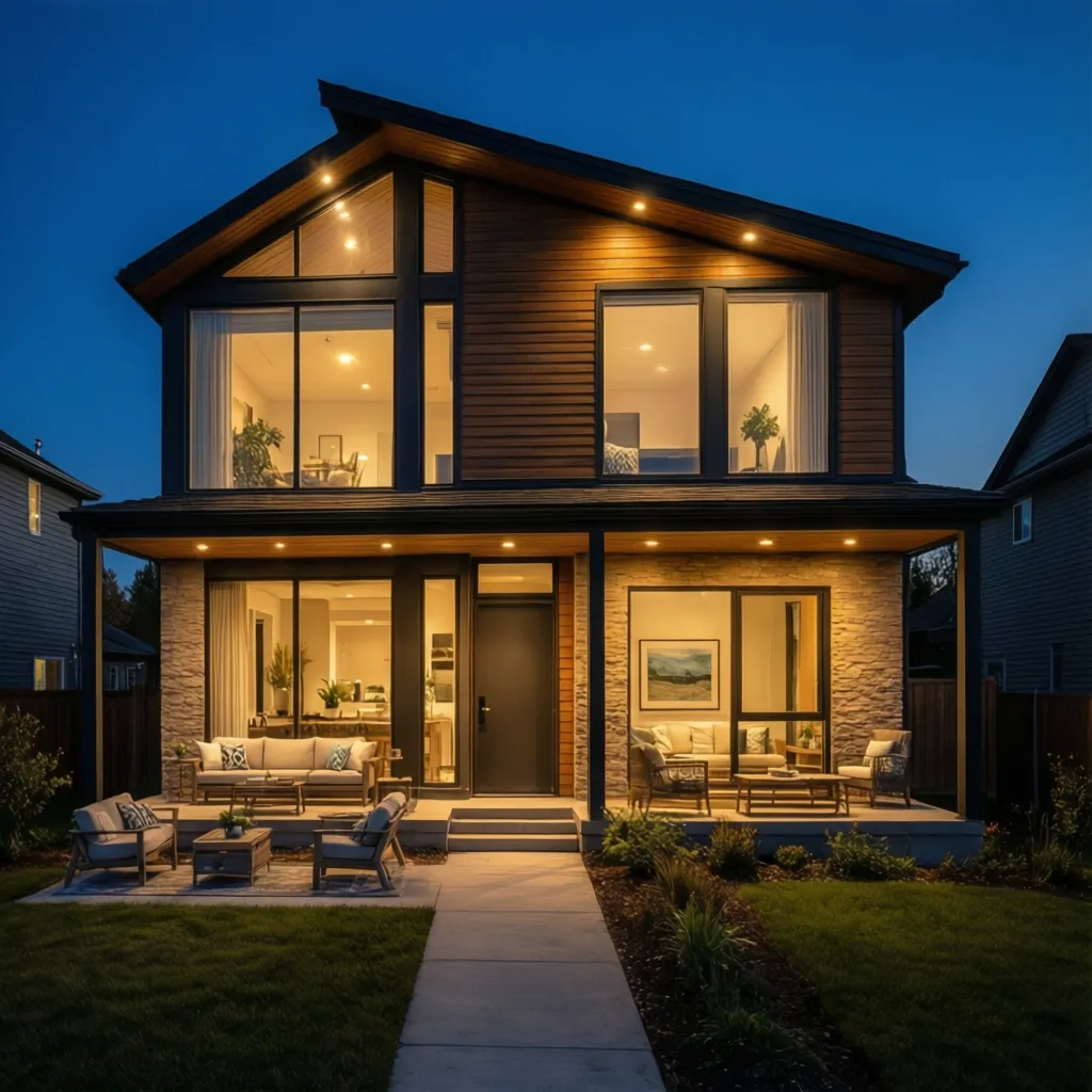 Fachada de casa con iluminación exterior cálida durante la noche