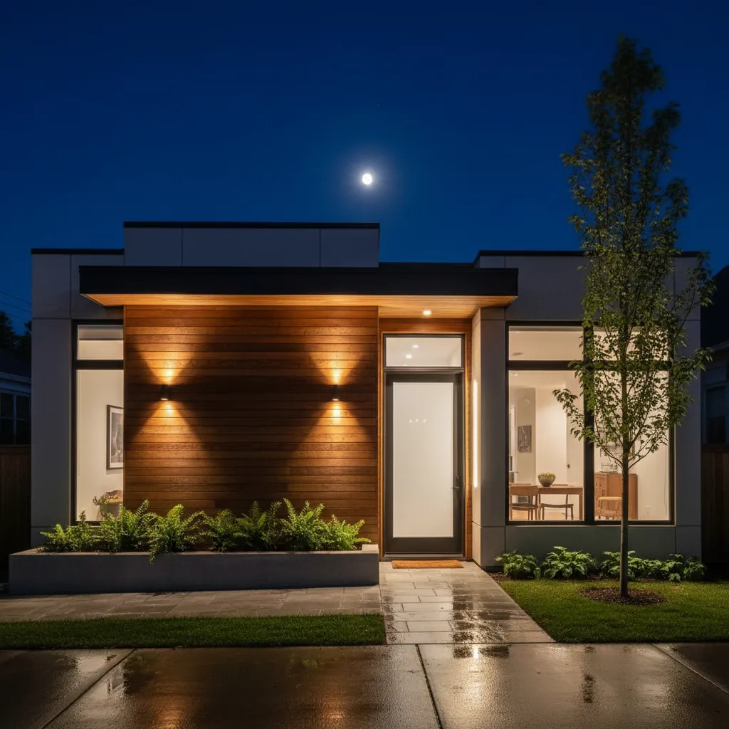 Fachada de casa pequeña iluminada por la noche con luces arquitectónicas