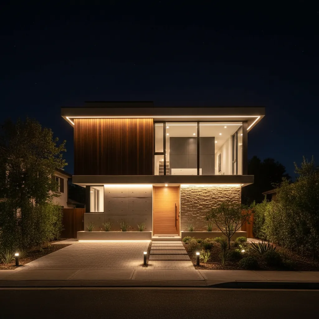 Fachada de casa pequeña con iluminación moderna nocturna