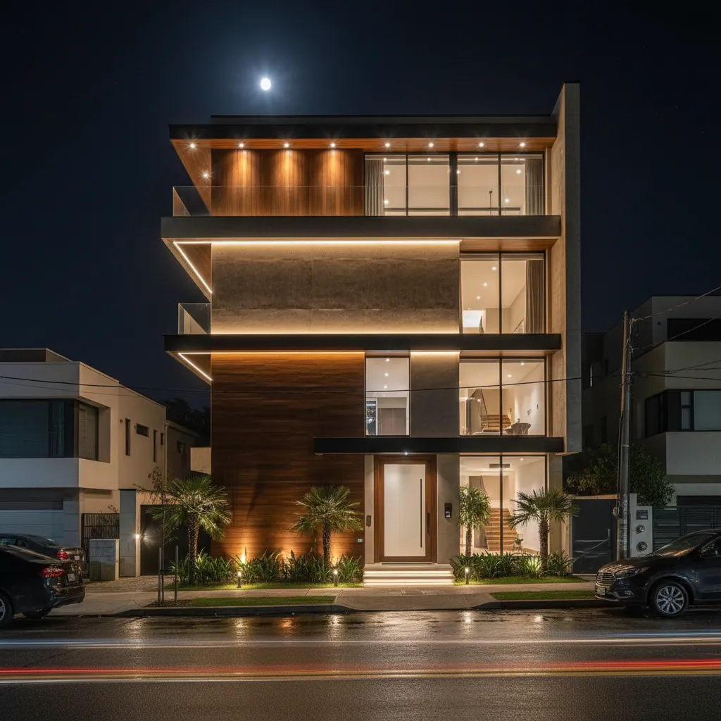 Fachada de casa de tres pisos iluminada por la noche