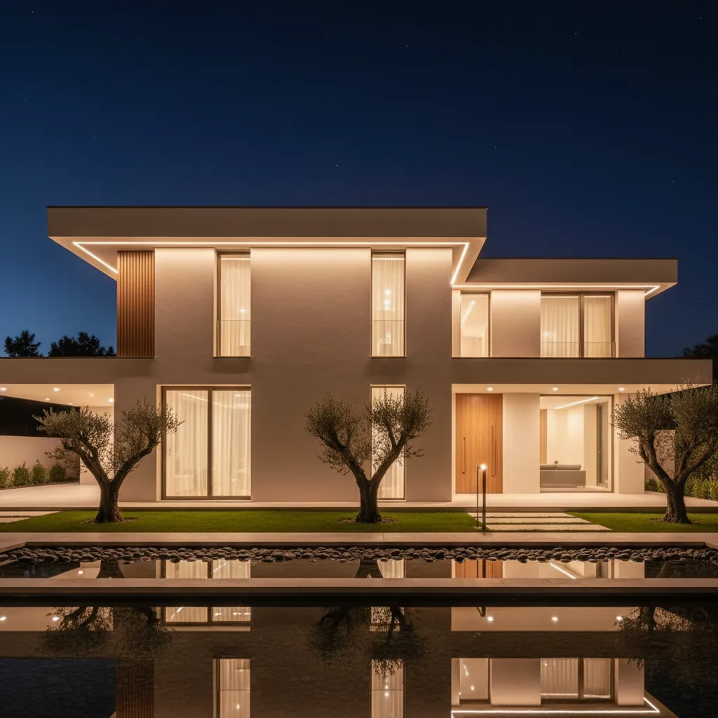 Fachada crema iluminada por la noche con luces arquitectónicas