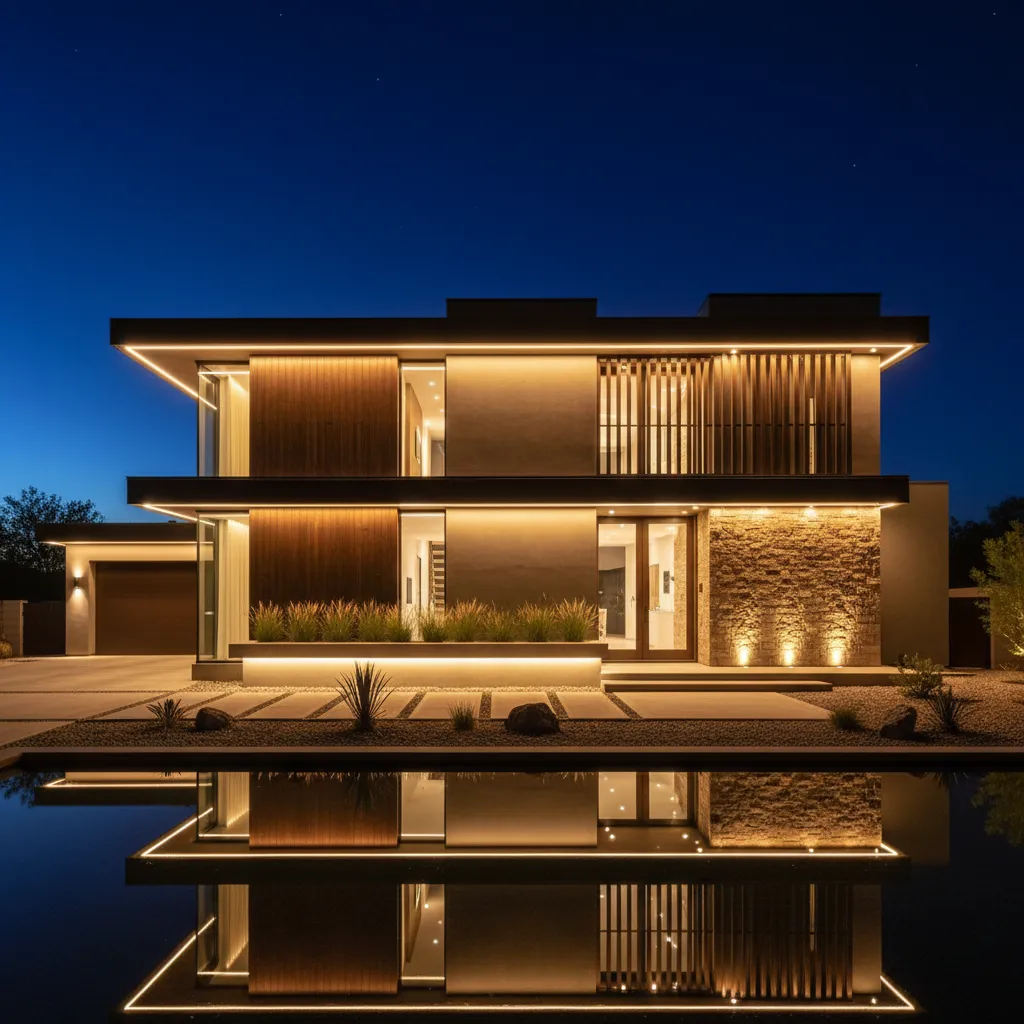 Fachada moderna iluminada por la noche con iluminación arquitectónica