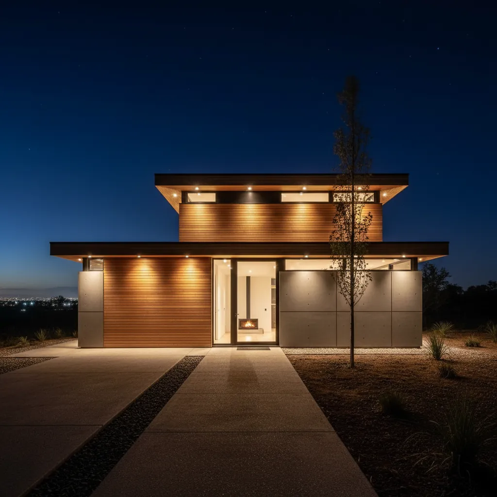 Modern house at night with warm light fixtures wood walls large windows and a tree