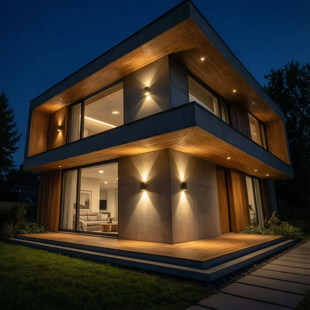Fachada moderna iluminada por luces arquitectónicas nocturnas