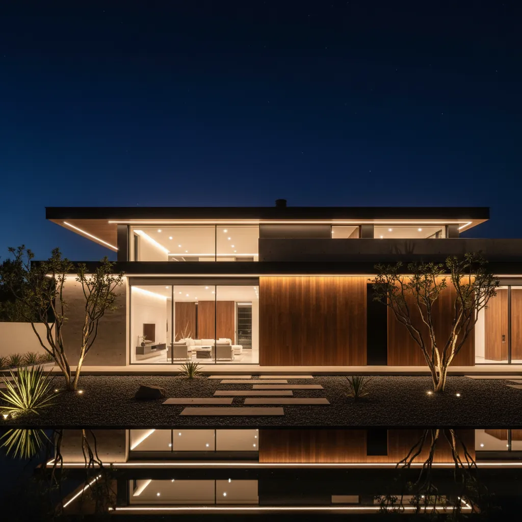 Fachada de casa moderna iluminada por la noche