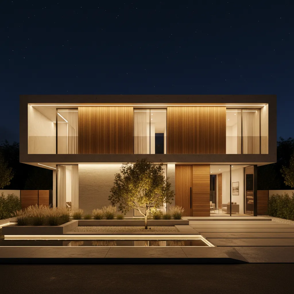 Fachada de casa moderna de dos pisos iluminada por la noche