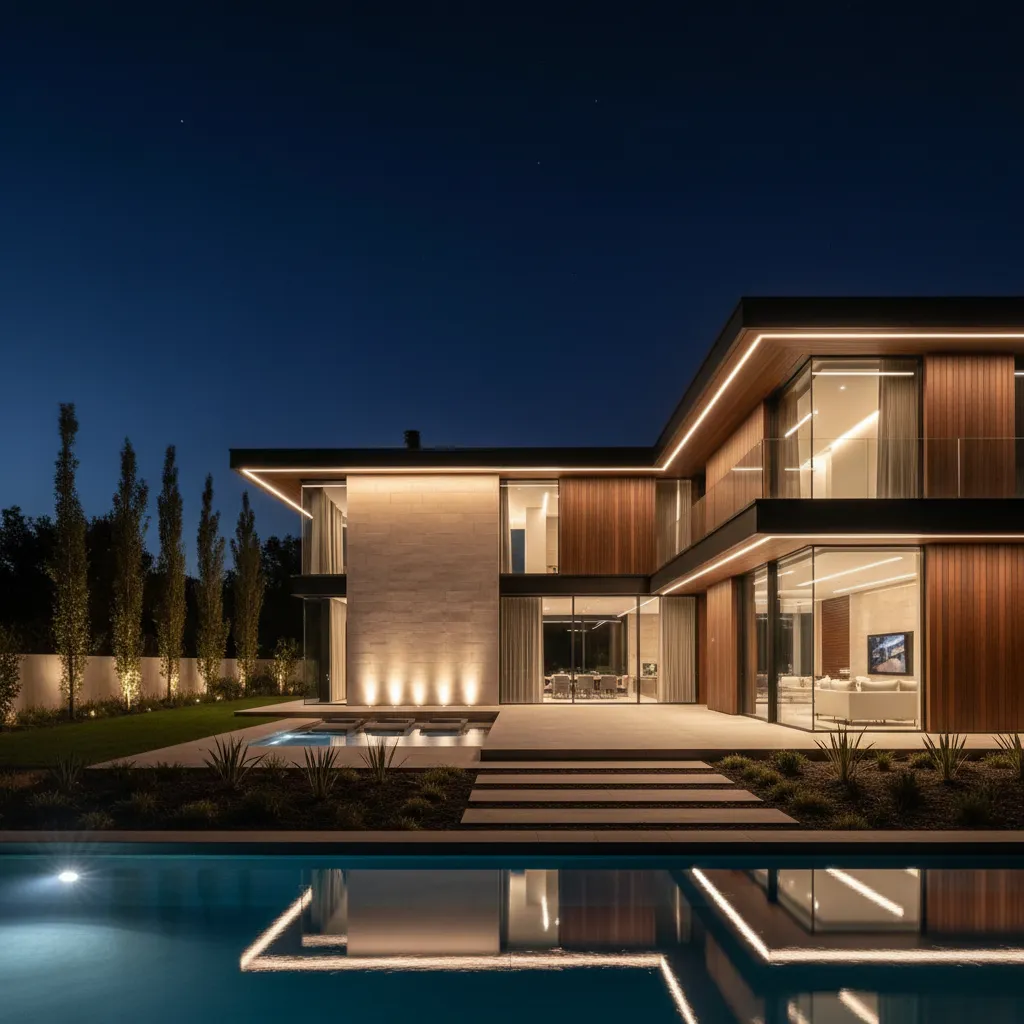 Fachada de casa iluminada por la noche con luces arquitectónicas