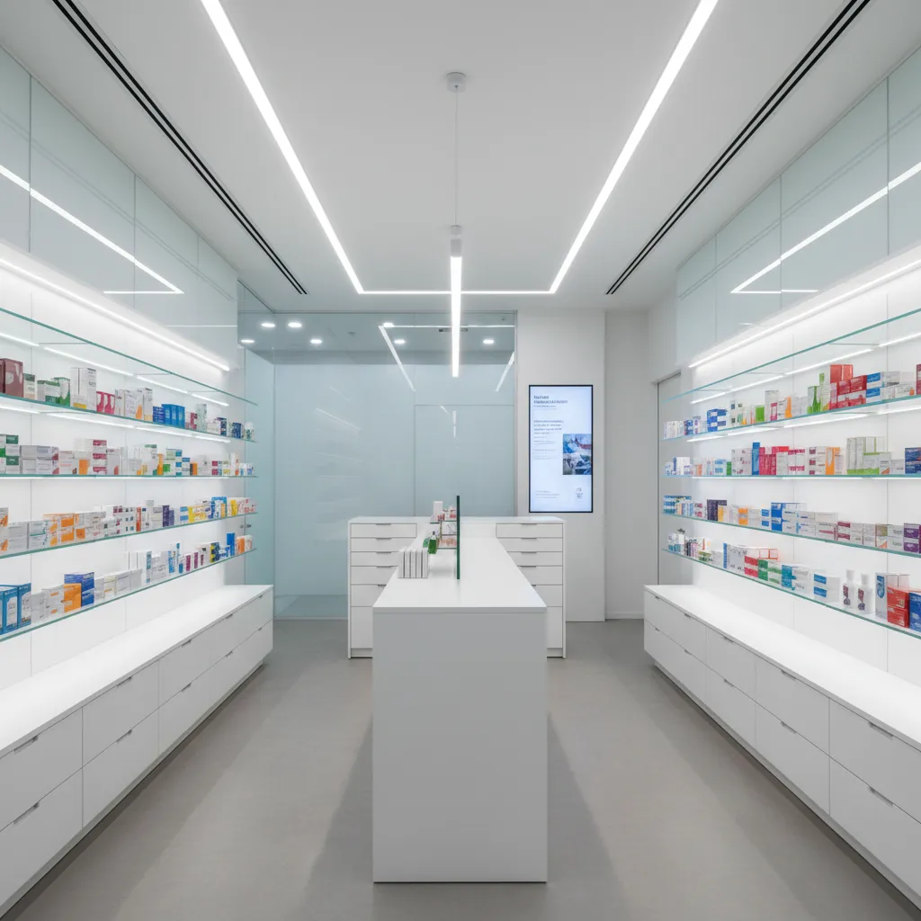 Minimalist pharmacy interior design with white shelves bright ceiling light fixtures and glass product displays