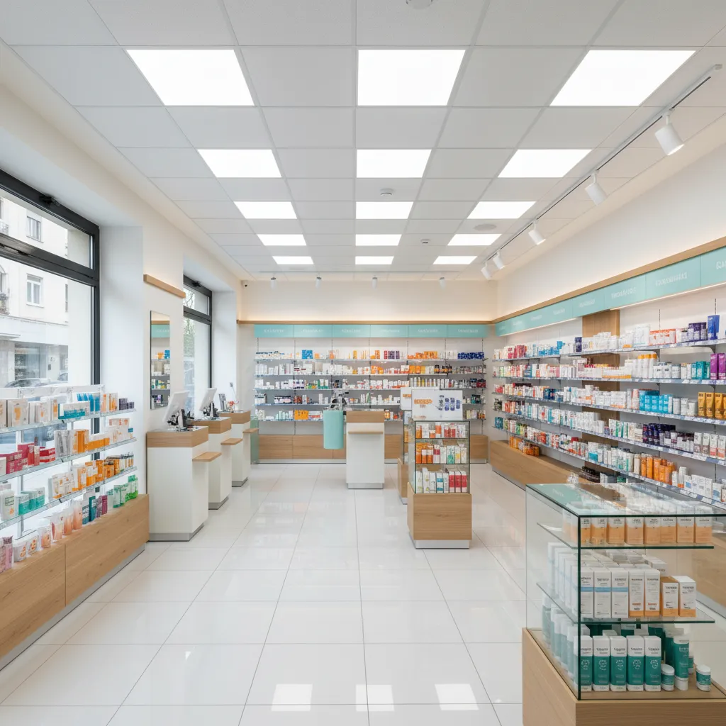 Modern pharmacy interior design drawing with bright grid ceiling lights white floor and wooden shelves
