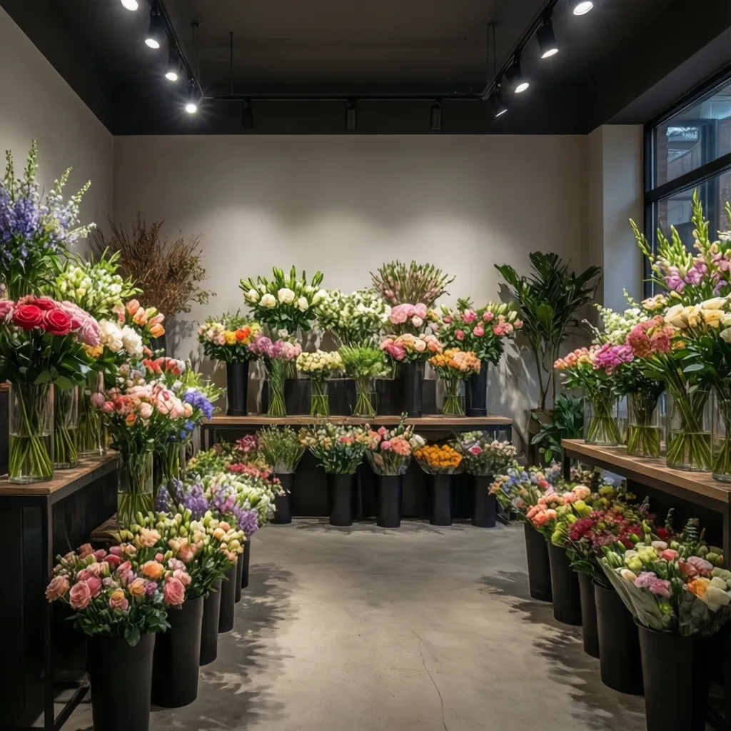 Professional flower shop interior design with colorful bouquets in black buckets and modern ceiling lights