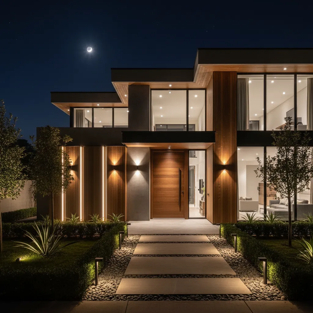 Fachada de casa iluminada por la noche con luces LED exteriores