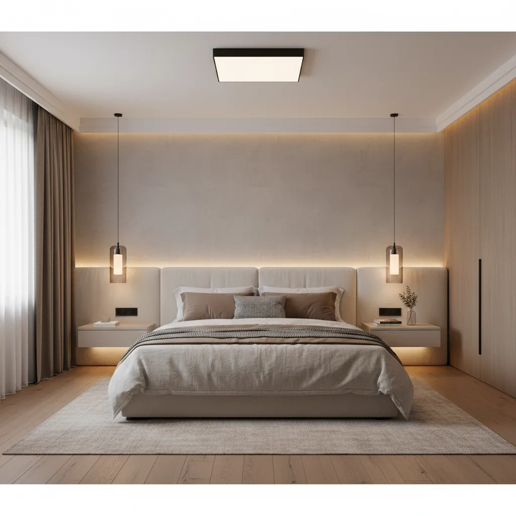 Modern bedroom featuring beige bed hanging light fixtures square ceiling light wood wardrobe curtains rug