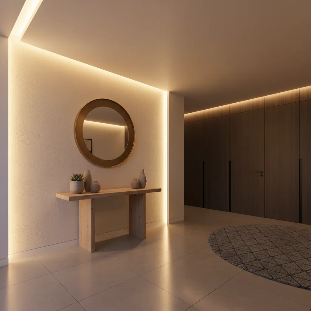 Hall de entrada con iluminación cálida indirecta y espejo decorativo