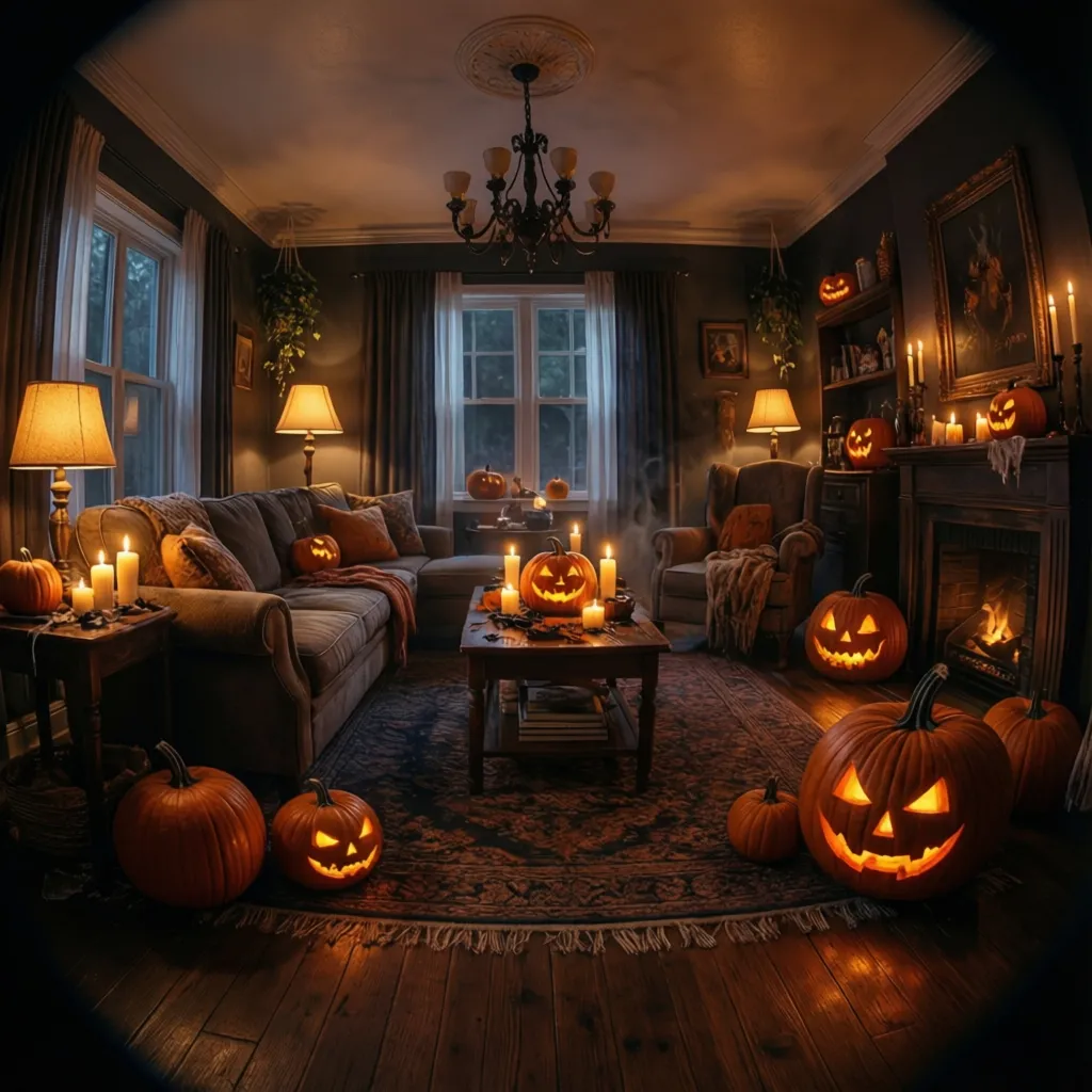 Sala con iluminación tenue y velas creando ambiente de Halloween