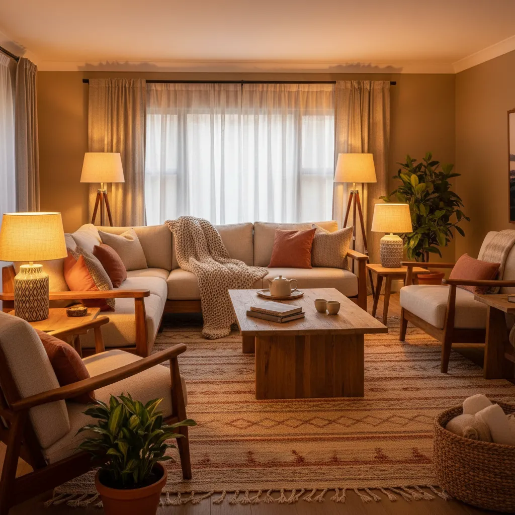 Warm living room with beige sofa wooden coffee table floor lamps and green potted plants