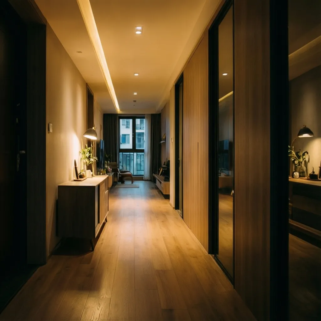 Iluminación cálida y uniforme en un pasillo residencial