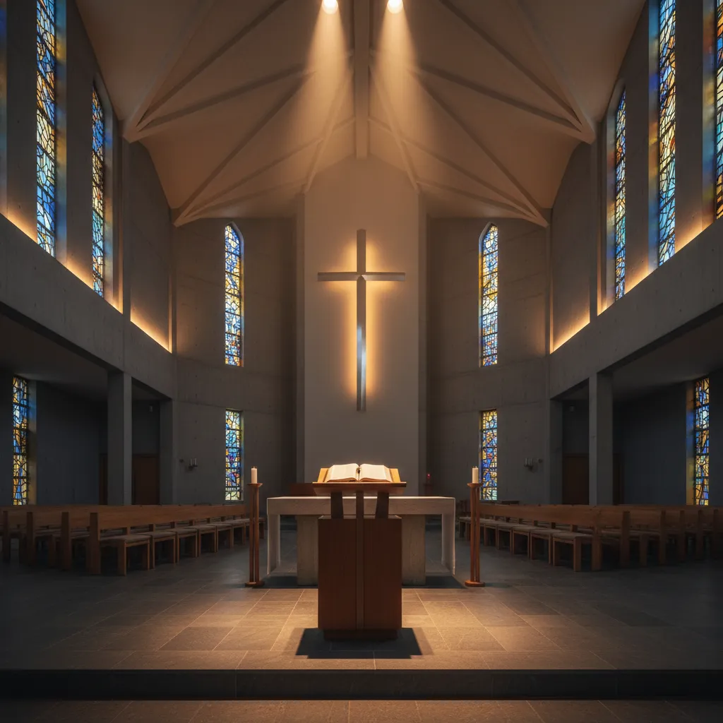 Iluminación cálida enfocada en el altar de una iglesia contemporánea