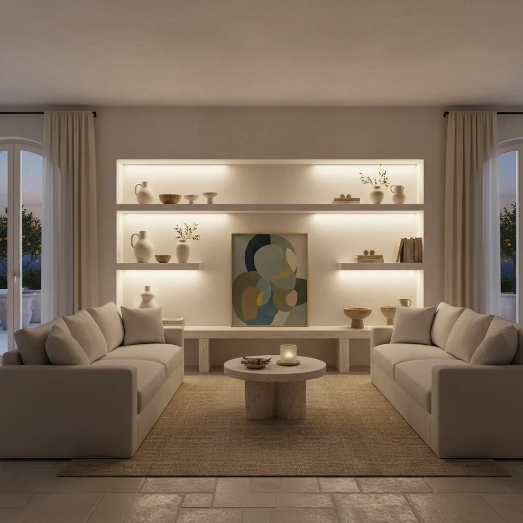 Iluminación indirecta en estanterías de un salón contemporáneo