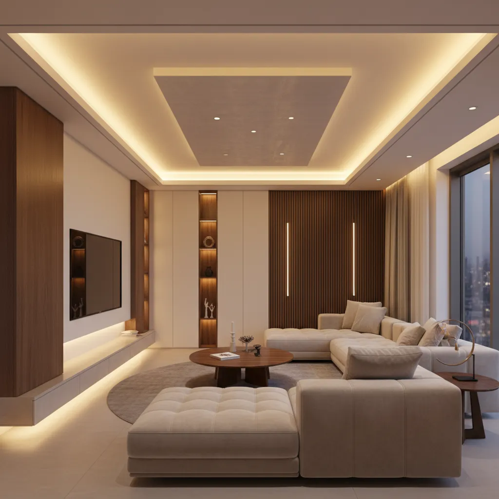 Interior moderno con iluminación indirecta en techo y paredes