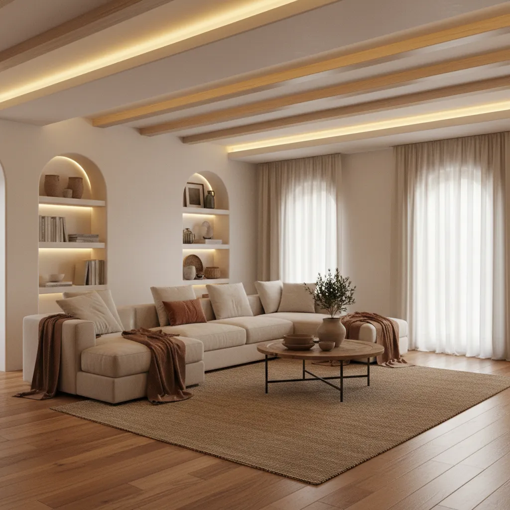 Salón con iluminación indirecta en falso techo y estantería