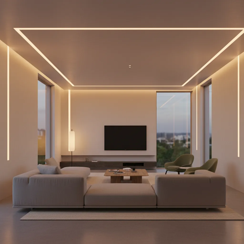 Modern living room with large sofa, green chairs, wall television, and glowing line light fixtures