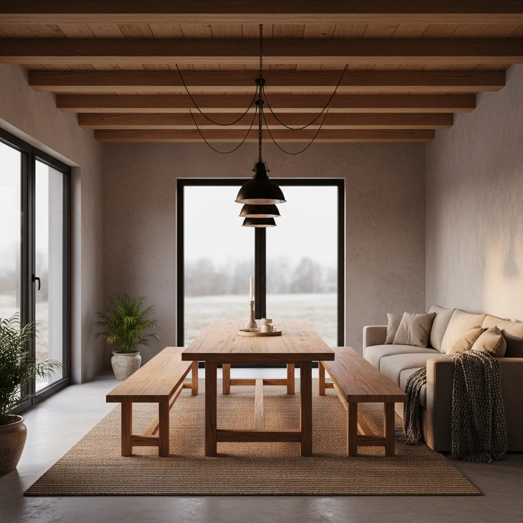 Iluminación industrial cálida en interior de casa de pueblo moderna