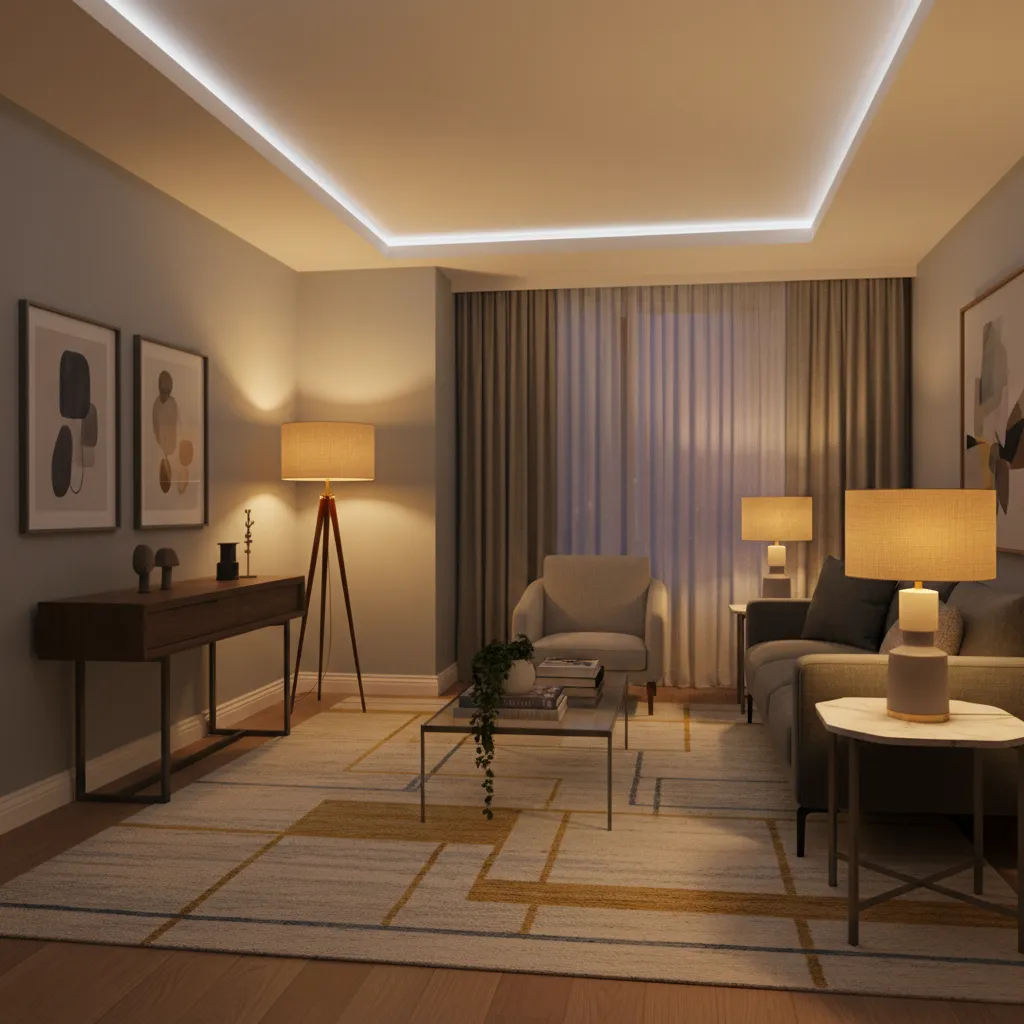 Salón con iluminación cálida ambiental y lámparas decorativas