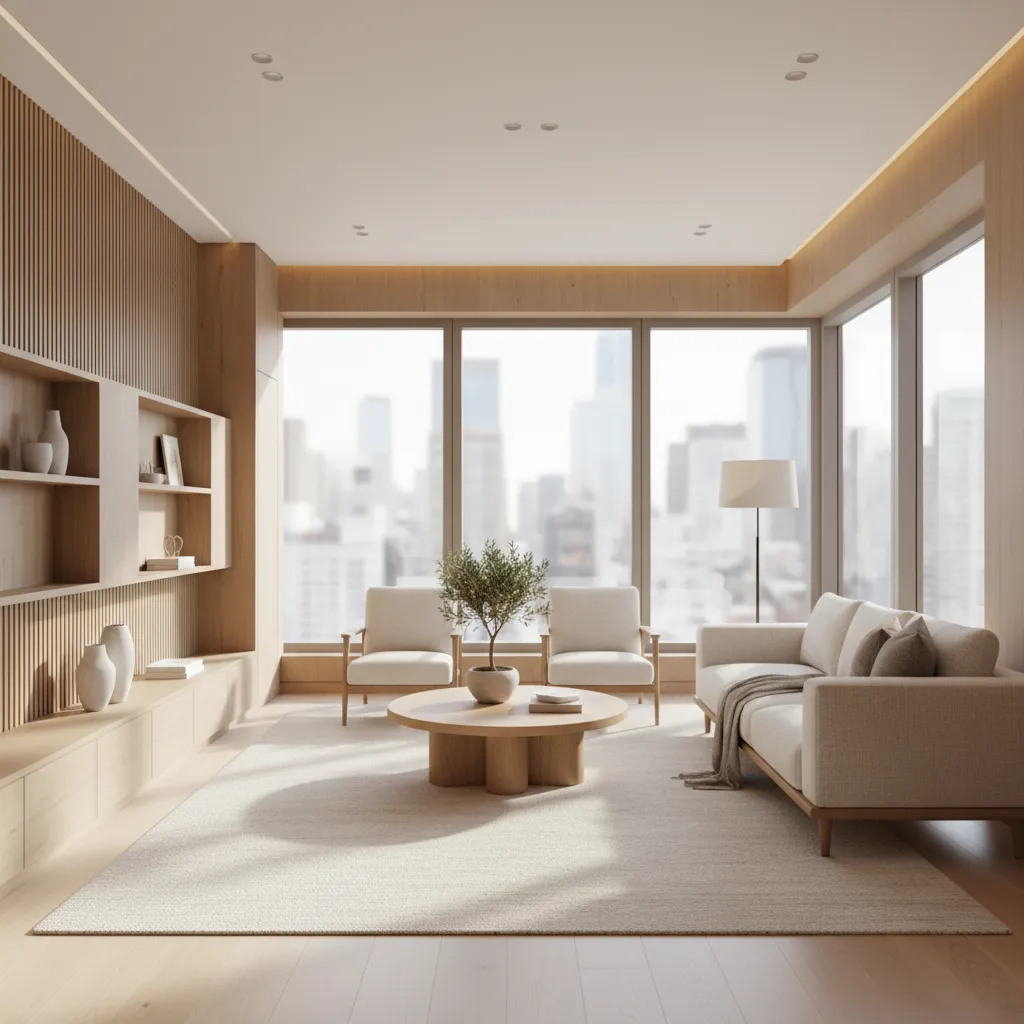 Sala de apartamento con iluminación natural y diseño interior cálido