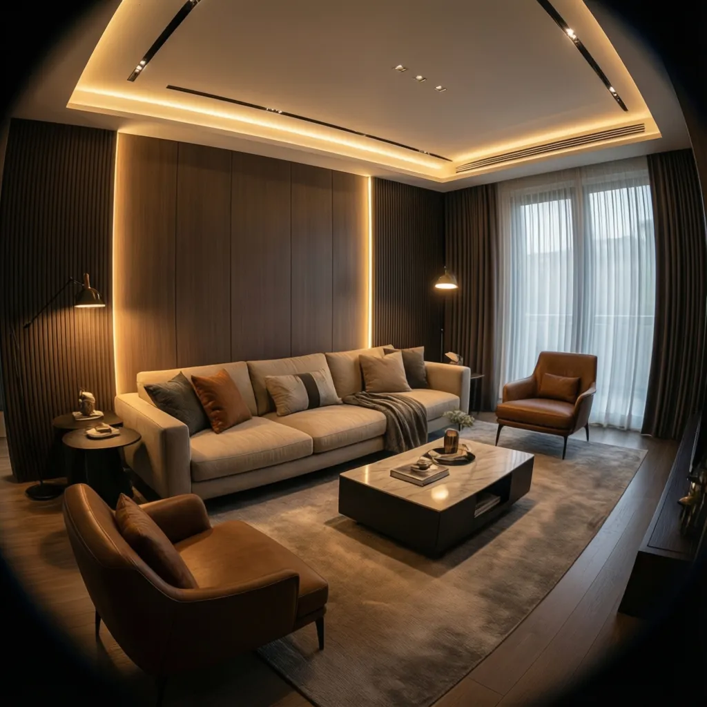 Modern living room with dark wood wall panels, beige sofa, leather armchairs, and warm lighting