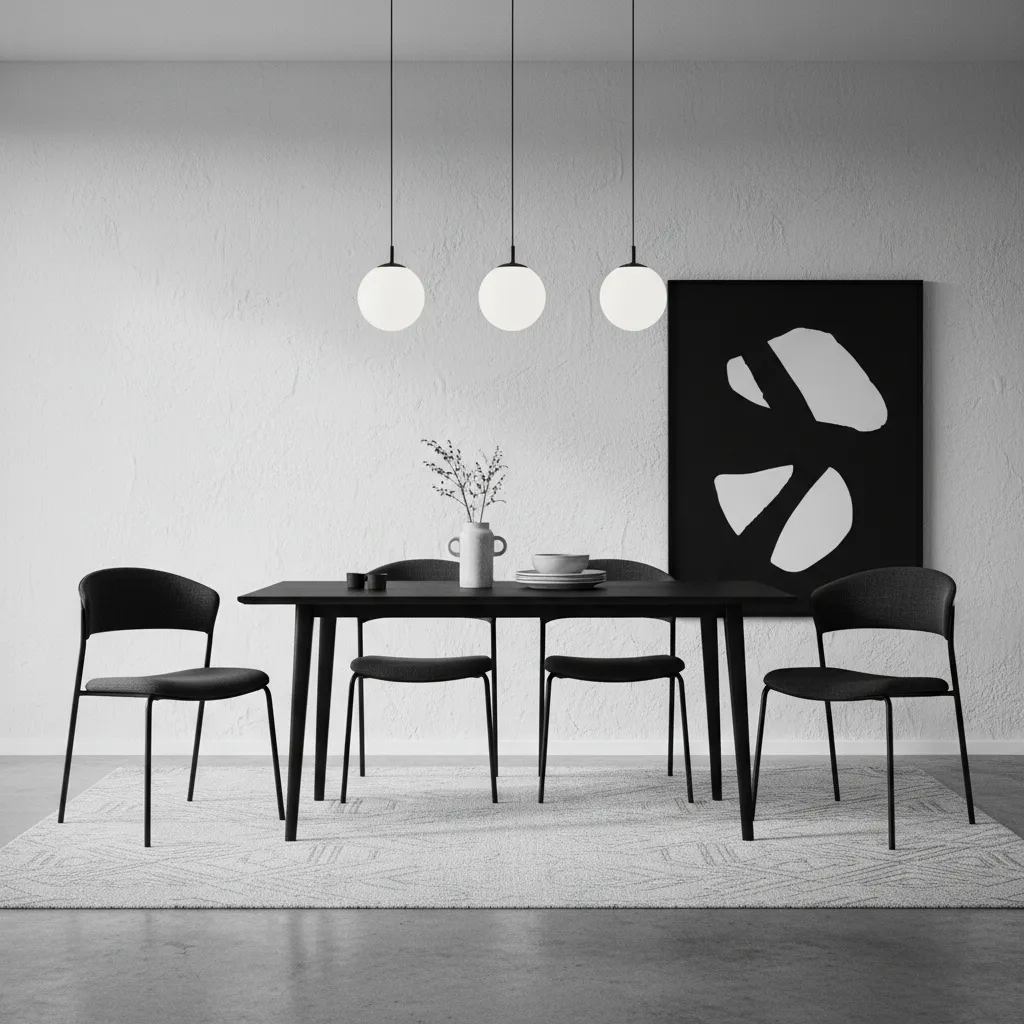 Modern dining area with black table, four chairs, rug, and three round hanging ceiling lights