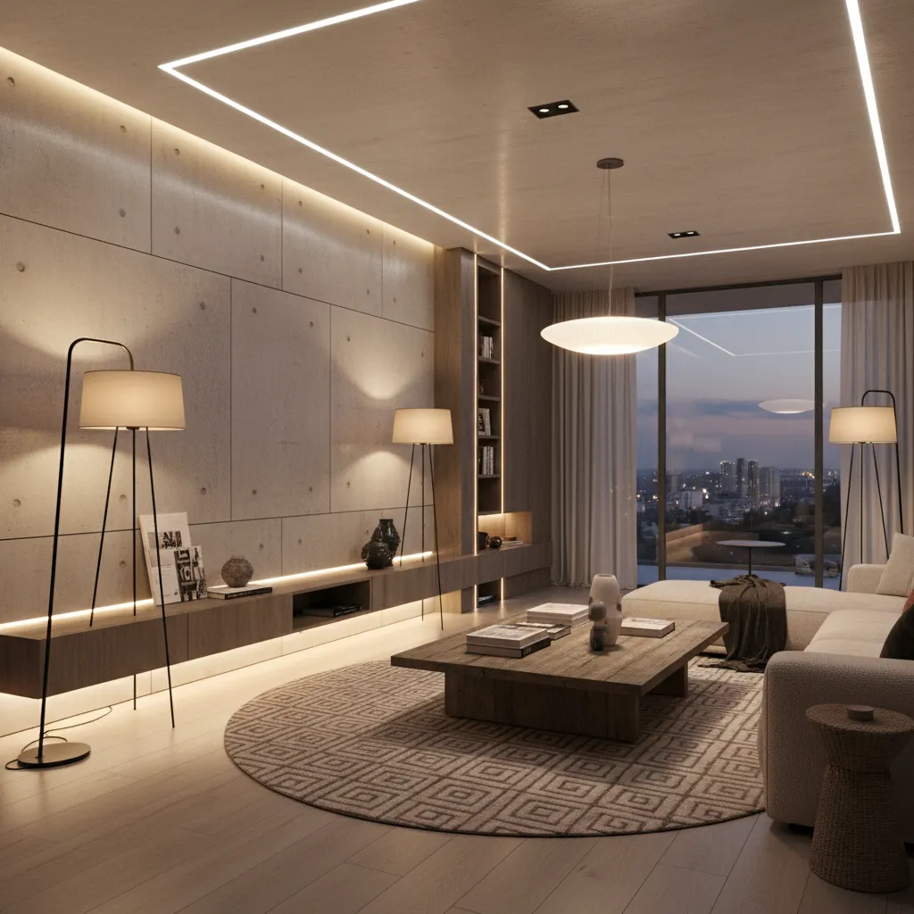 Diseño de iluminación interior mostrando diferentes puntos de luz en un salón moderno