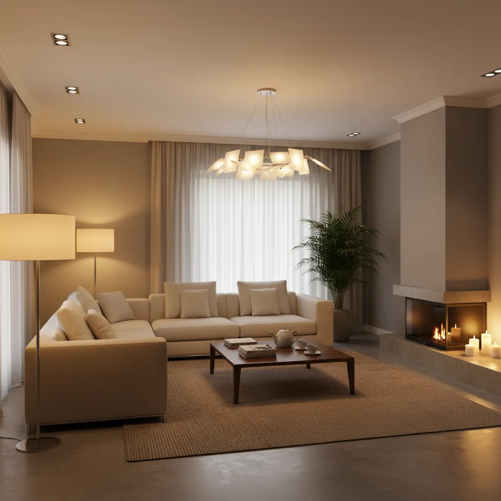 Salón con iluminación en capas combinando luz ambiental y puntual