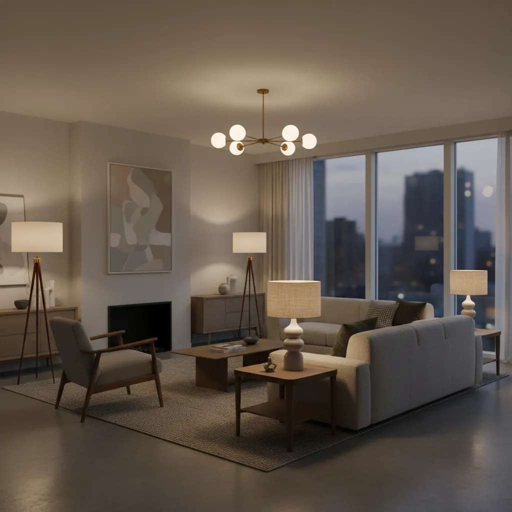 Living room with a gold ceiling light, floor lamps, table lamps, sofa, and city view
