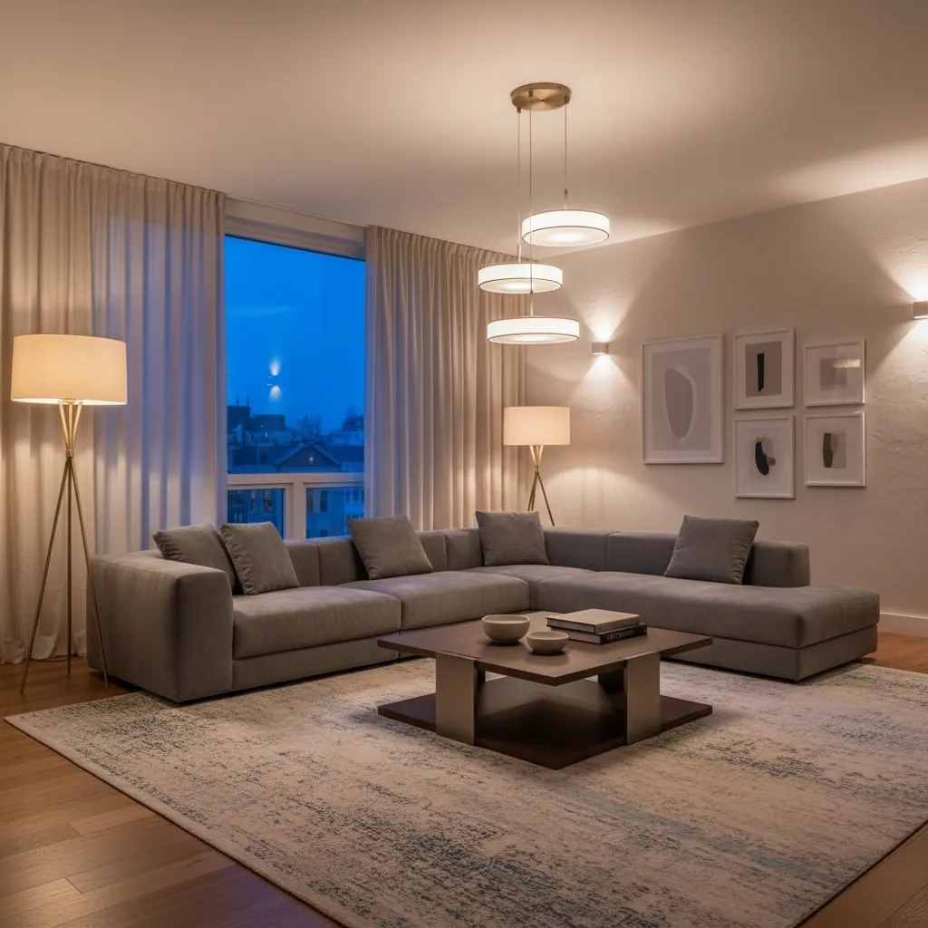 Ejemplo de iluminación en capas en un salón contemporáneo