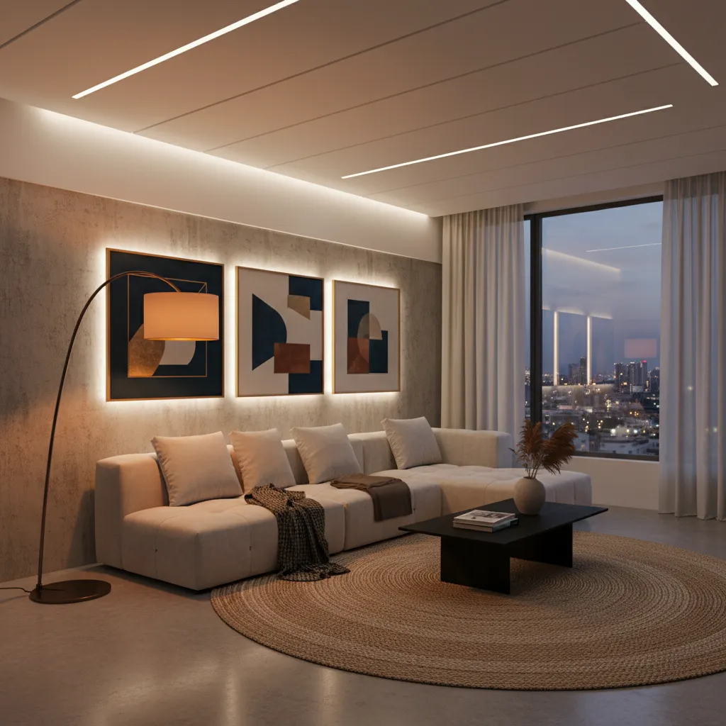 Sala de estar con iluminación ambiental, funcional y decorativa